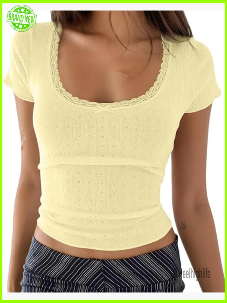Y2k Lace Patchwork Pointelle Knit Crop Tshirt Scoop Neck Bow Fitted Aesthetic